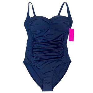 Betsey Johnson Women One Piece Bandeau Swimsuit Navy Blue Ruching Bandeau 2X New